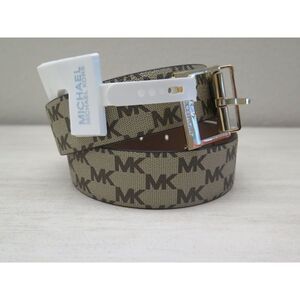 Michael Kors 556180C Women Sz M Reversible LEATHER Luggage Brown Logo MK Belt